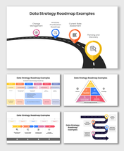 Data Strategy Roadmap Examples with curved road, timeline charts, icons, and labeled planning steps.