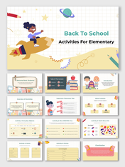 Back To School Activities for Elementary with cute kids, rocket illustration, pastel colors, and classroom activity slides.