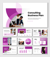 Alt: Overview of a 10-slide Consulting Business Plan deck featuring purple layouts for market segmentation, revenue charts, and services.