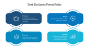 Business PowerPoint slide with icons and descriptions for business, target, process, and growth in a professional layout.