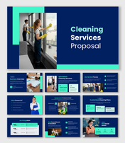 Cleaning Services Proposal presentation showing staff cleaning windows, navy blue layout, teal blocks.