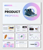 Product Proposal presentation showing footwear concept, light gradients, structured content blocks.