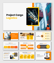 A Project Cargo Logistics presentation with port cranes, containers, multicolor  accents, bold text holders.
