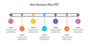 Business plan timeline with six milestones marked by vibrant icons and each with captions areas.