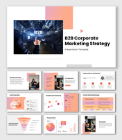B2B Corporate Marketing Strategy presentation showing analytics icons, gradient shapes, charts.