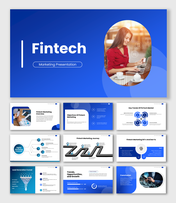 Fintech Marketing presentation with blue gradient layout, fintech icons, oval image, and clean text blocks.