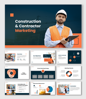 Construction And Contractor Marketing presentation with engineer photo, dark blue layout, orange accents, and text blocks.