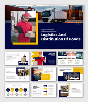 Logistics And Distribution Of Goods presentation with delivery staff, truck visuals, navy blue layout, bold text blocks.