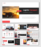 Logistic Transport Company Profile presentation with port containers, trucks, sunset image, red and black layout.