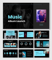 Music Album Launch presentation With Singer Microphone Image, Black Background, Cyan Text Blocks.
