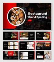Restaurant Grand Opening Presentation With Circular Food Image, Red Accent Panel, Dark Dining Hall Background.