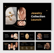 A Jewelry collection launch presentation with gold rings, necklace, black background, rounded frames and luxury text.