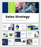 Sales strategy presentation showing growth graphs, blue green theme, data panels and clean layout.