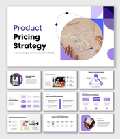Product pricing strategy slide with purple circles, sales charts, market analysis and clean layout.