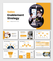 Sales enablement strategy presentation with circular image frame, charts and orange color theme.