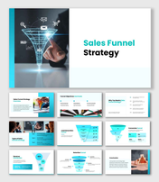 Sales funnel strategy presentation showing lead stages, conversion funnel, icons and minimal teal design.