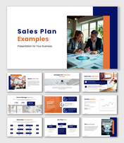 Sales Plan Examples presentation with blue orange theme, charts, pricing tables and clean text layout.