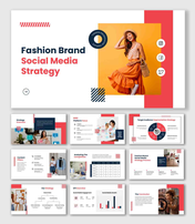 Fashion brand social media strategy presentation with pink and blue color theme, model image and social icons