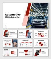 The Automotive B2B marketing plan presentation featuring vibrant red accents, target chart, and roadmap layout.