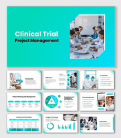 Clinical trial project management presentation showing objectives, compliance, and risk charts with multicolor theme.