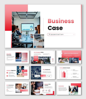 The Business Case PowerPoint Presentation with analysis charts, content boxes, and soft red theme.