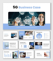 The 5G Business Case PPT With Blue Theme, 5G Digital Banner, Market Circle Chart, Bar Graphs, Risk And Finance Slides.