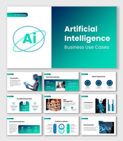 Artificial Intelligence Business Use Cases PPT Teal Gradient, AI Orbit Logo, Market Circle Charts And Finance Bar Graph