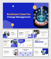 Business case for change management PPT blue with yellow color theme, hexagon shapes and finance bar chart.