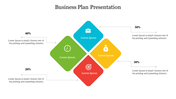Business slide with four colored diamond shapes arranged in a square layout, each containing an icon and a percentage.
