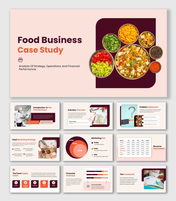 The food business case study presentation beige and maroon theme with food bowl image, marketing chart and revenue table