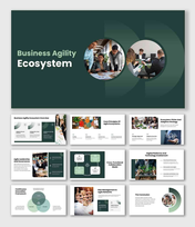 The business agility ecosystem presentation with dark green theme, circular shapes, and team visuals.