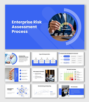 Enterprise Risk Assessment Process slides with blue theme, risk gauge chart and matrix heat map