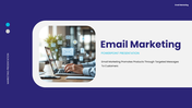 Email Marketing presentation showing laptop, email graphics, analytics charts and campaign planning slides.
