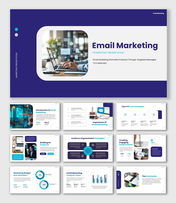 Email Marketing presentation showing laptop, email graphics, analytics charts and campaign planning slides.