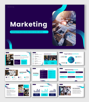 Marketing PPT design with blue color theme, business charts, strategy flow, audience data, and campaign planning.