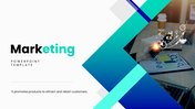 Marketing PPT with vibrant gradient color, charts, laptop, icons, and strategy visuals for business growth presentation
