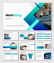 Marketing PPT with vibrant gradient color, charts, laptop, icons, and strategy visuals for business growth presentation