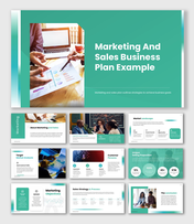 The Marketing  And Sales Business Plan Example Presentation with data charts, market analysis, and sales process flow.