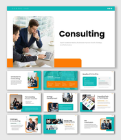 The Consulting PowerPoint template showing teamwork, strategy development, and business performance analysis.