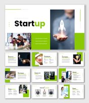 Startup business template with innovation launch graphic, development roadmap, team profiles, and contact details.