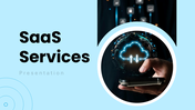 SaaS Services presentation with cloud platform, mobile device, security icons, business features, and SaaS workflow. - slide 1