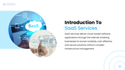 SaaS Services presentation with cloud platform, mobile device, security icons, business features, and SaaS workflow. - slide 2
