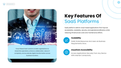 SaaS Services presentation with cloud platform, mobile device, security icons, business features, and SaaS workflow. - slide 5