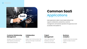 SaaS Services presentation with cloud platform, mobile device, security icons, business features, and SaaS workflow. - slide 7