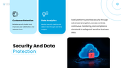 SaaS Services presentation with cloud platform, mobile device, security icons, business features, and SaaS workflow. - slide 8