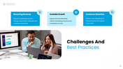 SaaS Services presentation with cloud platform, mobile device, security icons, business features, and SaaS workflow. - slide 9