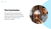 SaaS Services presentation with cloud platform, mobile device, security icons, business features, and SaaS workflow. - slide 10