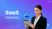 SaaS Solutions presentation with cloud platform, tablet user, architecture, pricing, security, and deployment strategy. - slide 1