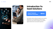 SaaS Solutions presentation with cloud platform, tablet user, architecture, pricing, security, and deployment strategy. - slide 2