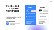 SaaS Solutions presentation with cloud platform, tablet user, architecture, pricing, security, and deployment strategy. - slide 9